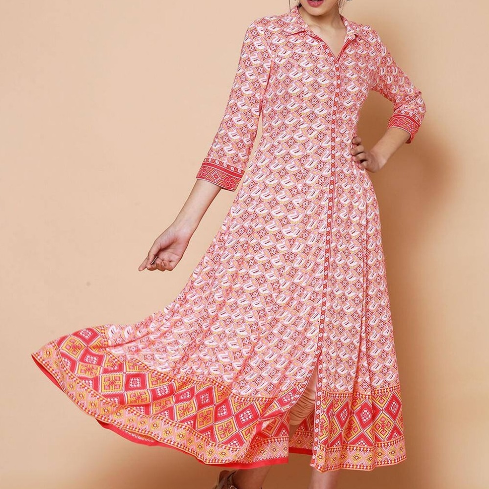 Rangriti Women Pink & White Liva Printed Shirt Maxi. Size‎ 36/Large.